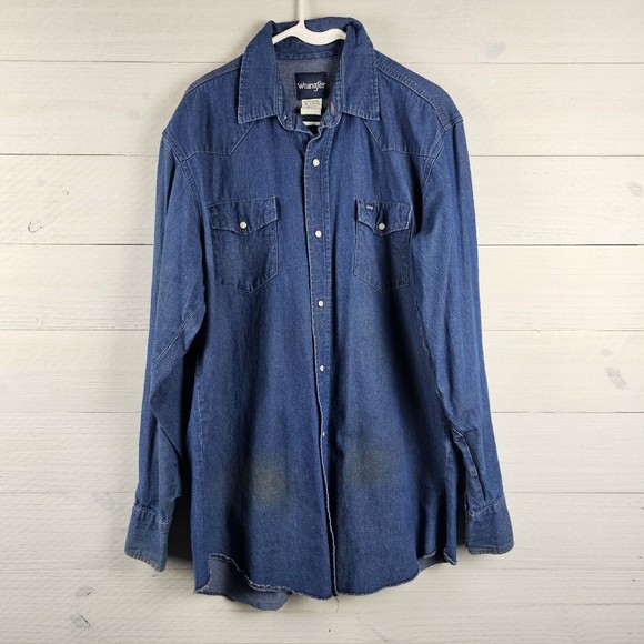 Men's Vintage Wrangler Denim Pearl‎ Snap Button Up Shirt sz XLT Indigo MS70119 - Picture 1 of 14